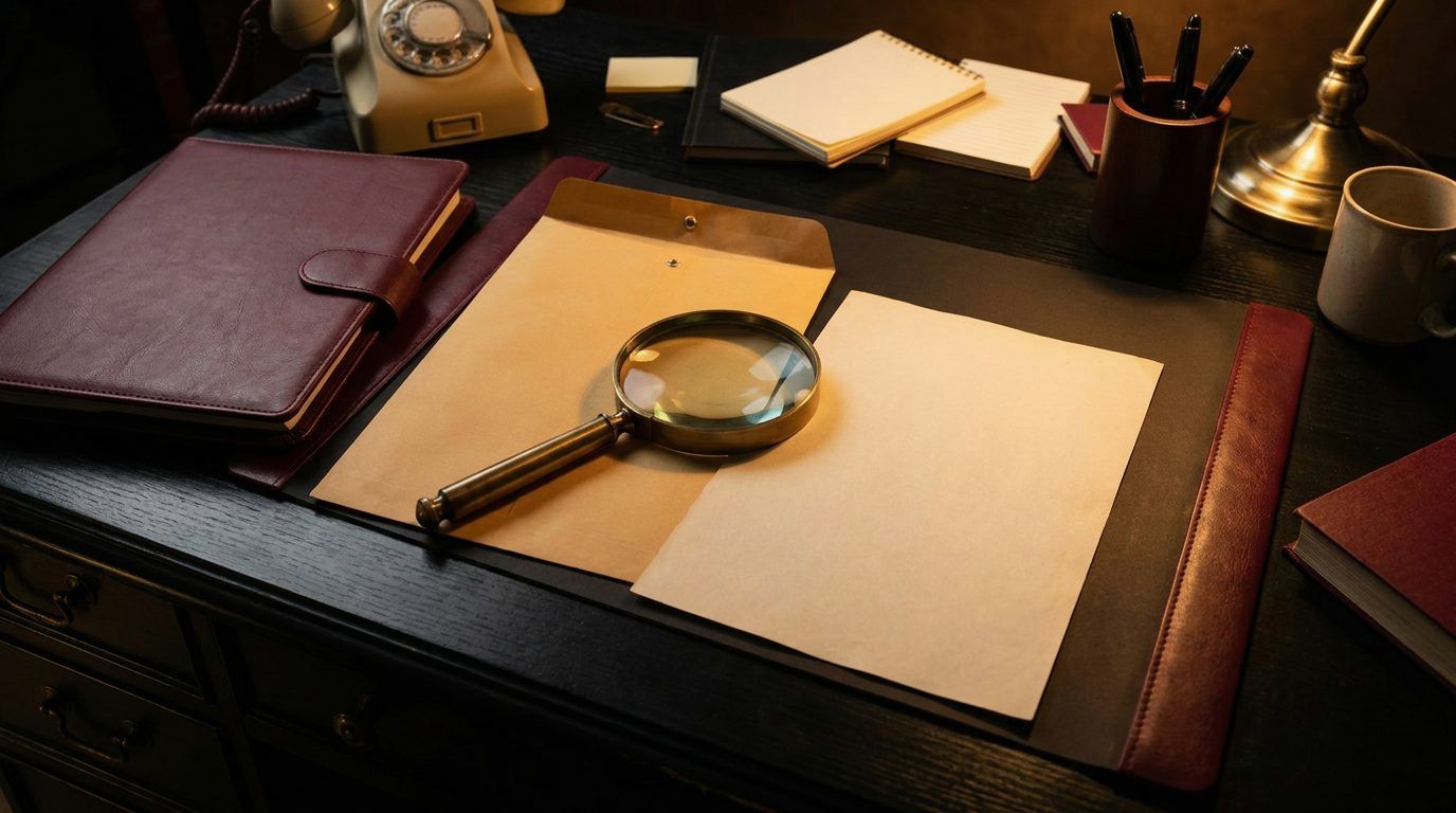 Envelopes and a magnifying glass on a dark wooden desk with a maroon notebook and a brass lamp