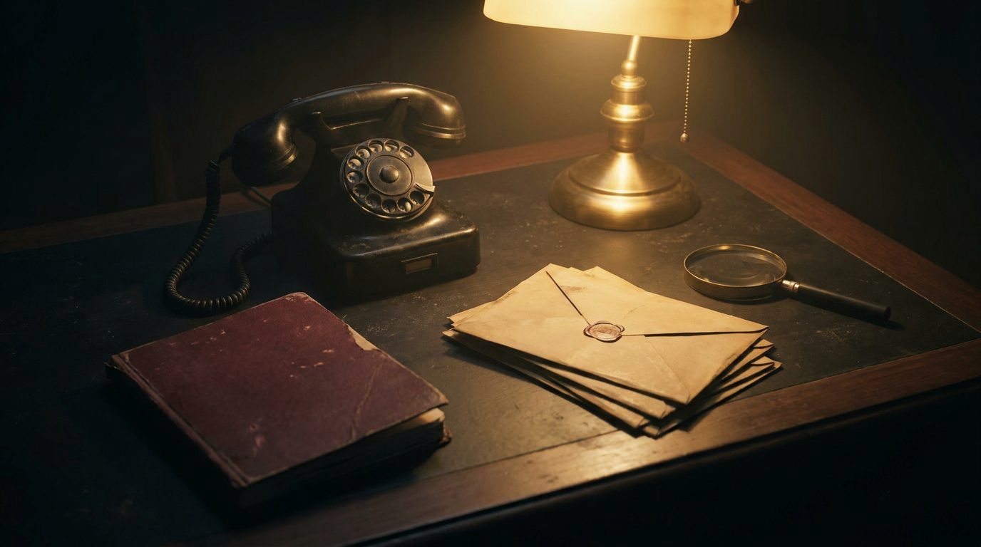Black rotary phone beside envelopes, a brass desk lamp and a maroon book on a dark wooden desk