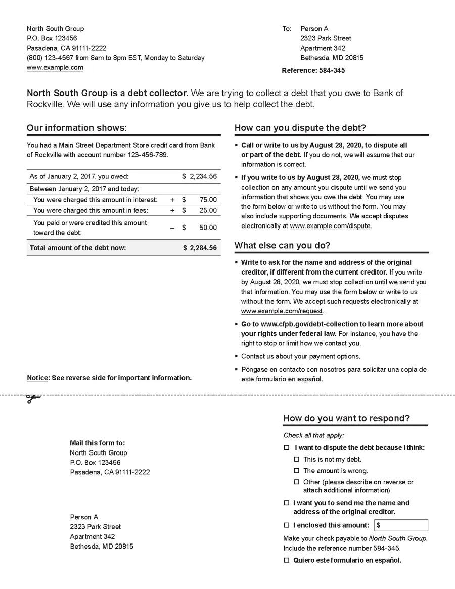 The CFPB model validation notice, showing the collector, the amount owed and the date to dispute by